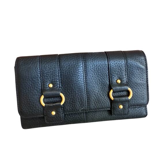 Wilsons Leather Black Pebbled Leather Continental Wallet Gold Buckle Detail - Picture 1 of 4